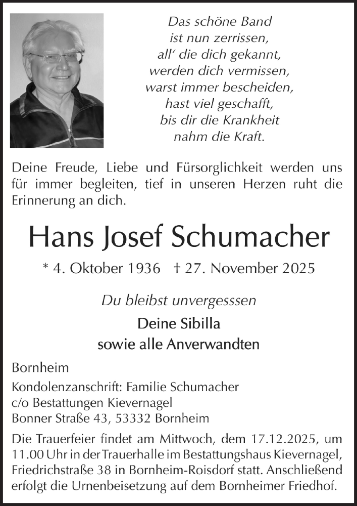  Traueranzeige für Hans Josef Schumacher vom 12.12.2025 aus  Schaufenster/Blickpunkt 
