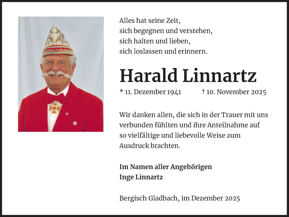  Traueranzeige für Harald Linnartz vom 13.12.2025 aus Kölner Stadt-Anzeiger / Kölnische Rundschau / Express