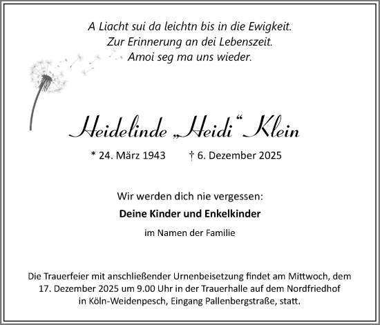 Anzeige von Heidelinde Klein von Kölner Stadt-Anzeiger / Kölnische Rundschau / Express