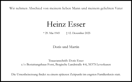 Anzeige von Heinz Esser von Kölner Stadt-Anzeiger / Kölnische Rundschau / Express