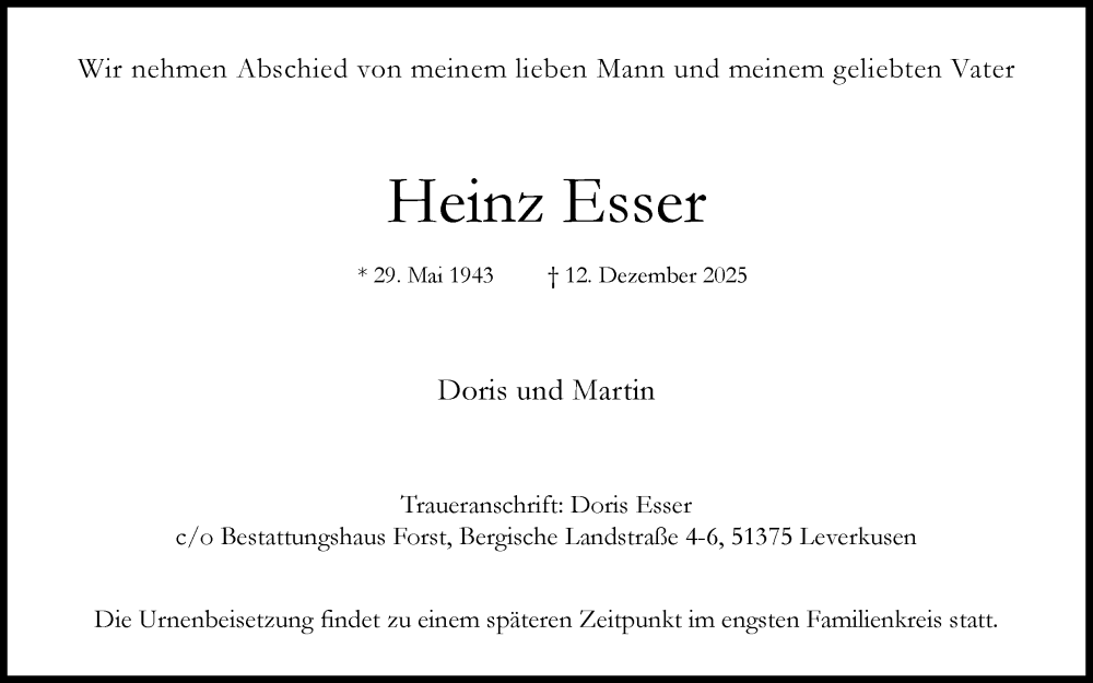  Traueranzeige für Heinz Esser vom 27.12.2025 aus Kölner Stadt-Anzeiger / Kölnische Rundschau / Express