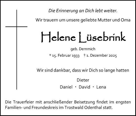 Anzeige von Helene Lüsebrink von Kölner Stadt-Anzeiger / Kölnische Rundschau / Express