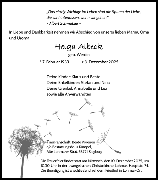 Anzeige von Helga Albecke von Kölner Stadt-Anzeiger / Kölnische Rundschau / Express