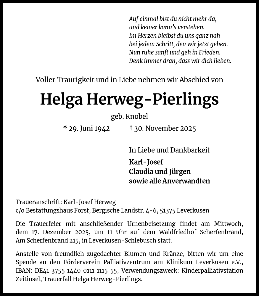  Traueranzeige für Helga Herweg-Pierlings vom 13.12.2025 aus Kölner Stadt-Anzeiger / Kölnische Rundschau / Express
