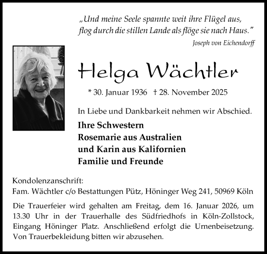 Anzeige von Helga Wächtler von Kölner Stadt-Anzeiger / Kölnische Rundschau / Express