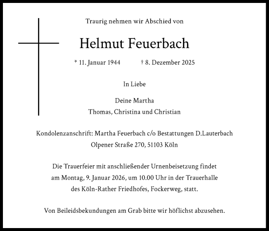 Anzeige von Helmut Feuerbach von Kölner Stadt-Anzeiger / Kölnische Rundschau / Express