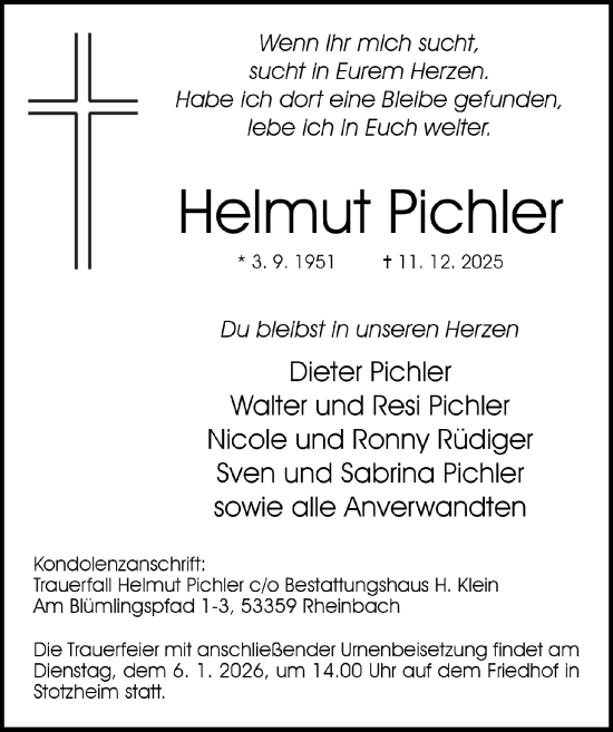 Anzeige von Helmut Pichler von  Blickpunkt Euskirchen 