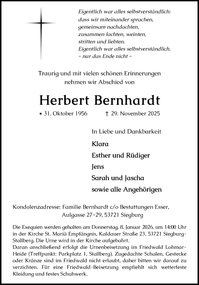  Traueranzeige für Herbert Bernhardt vom 27.12.2025 aus Kölner Stadt-Anzeiger / Kölnische Rundschau / Express
