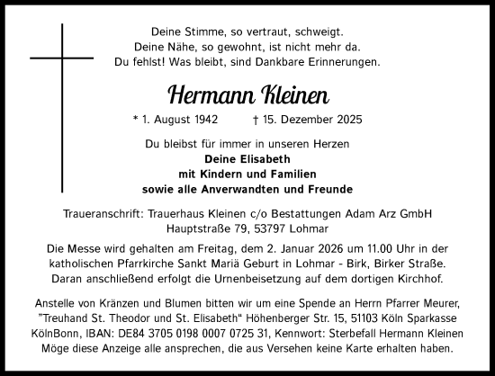 Anzeige von Hermann Kleinen von Kölner Stadt-Anzeiger / Kölnische Rundschau / Express