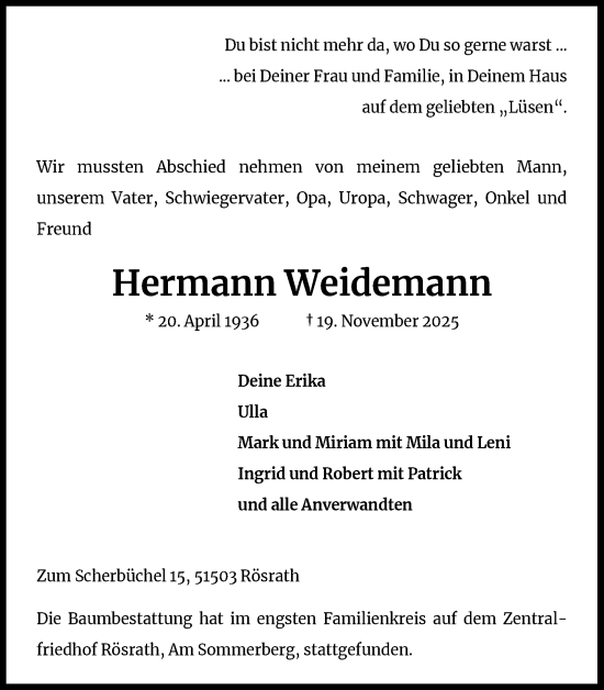 Anzeige von Hermann Weidemann von Kölner Stadt-Anzeiger / Kölnische Rundschau / Express