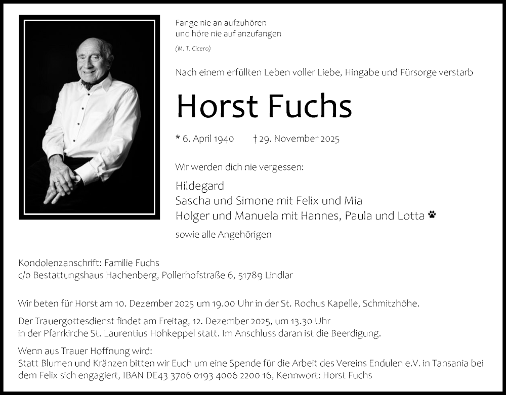  Traueranzeige für Horst Fuchs vom 10.12.2025 aus Kölner Stadt-Anzeiger / Kölnische Rundschau / Express