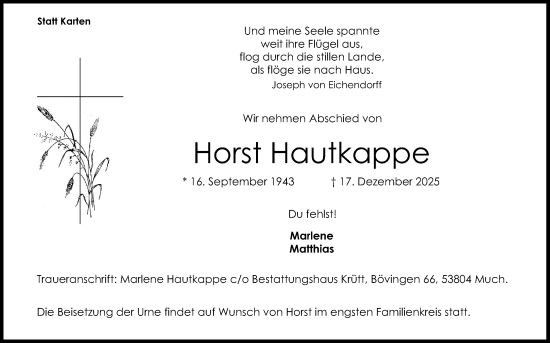 Anzeige von Horst Hautkappe von Kölner Stadt-Anzeiger / Kölnische Rundschau / Express