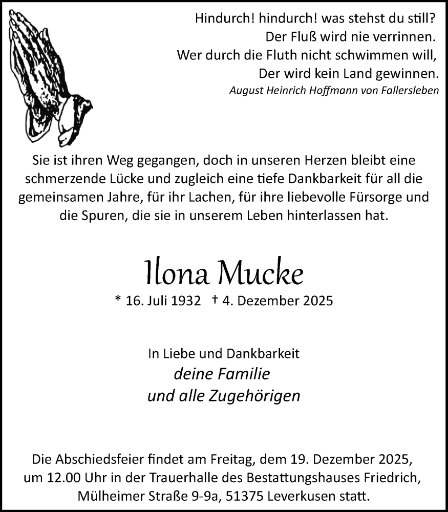  Traueranzeige für Ilona Mucke vom 13.12.2025 aus Kölner Stadt-Anzeiger / Kölnische Rundschau / Express