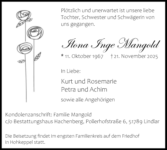 Anzeige von Ilona Inge Mangold von Kölner Stadt-Anzeiger / Kölnische Rundschau / Express