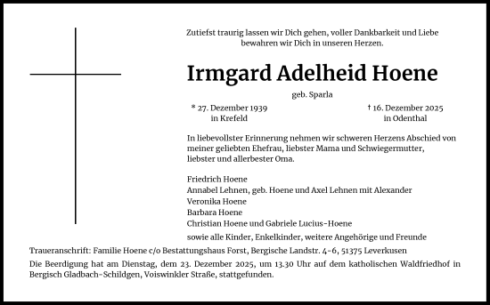 Anzeige von Irmgard Adelheid Hoene von Kölner Stadt-Anzeiger / Kölnische Rundschau / Express