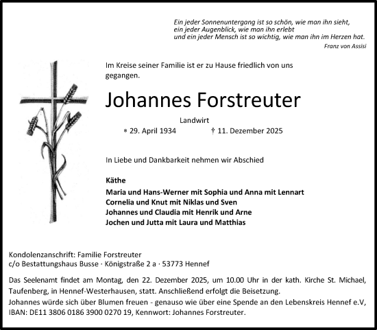 Anzeige von Johannes Forstreuter von Kölner Stadt-Anzeiger / Kölnische Rundschau / Express