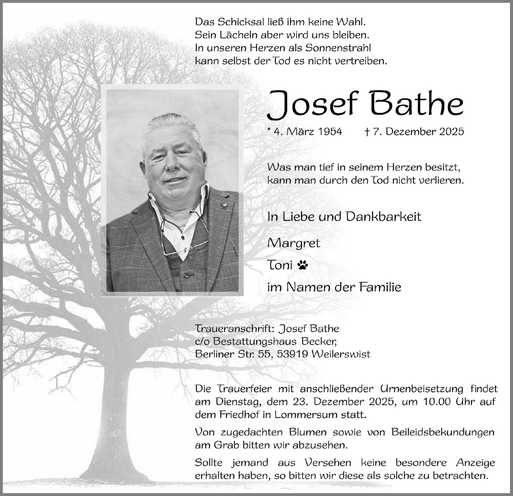  Traueranzeige für Josef Bathe vom 20.12.2025 aus  Blickpunkt Euskirchen 