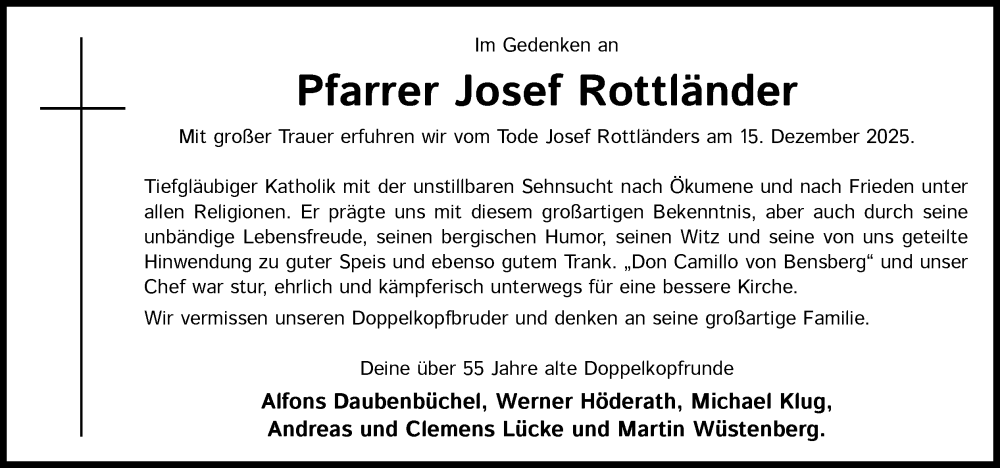  Traueranzeige für Josef Rottländer vom 31.12.2025 aus Kölner Stadt-Anzeiger / Kölnische Rundschau / Express