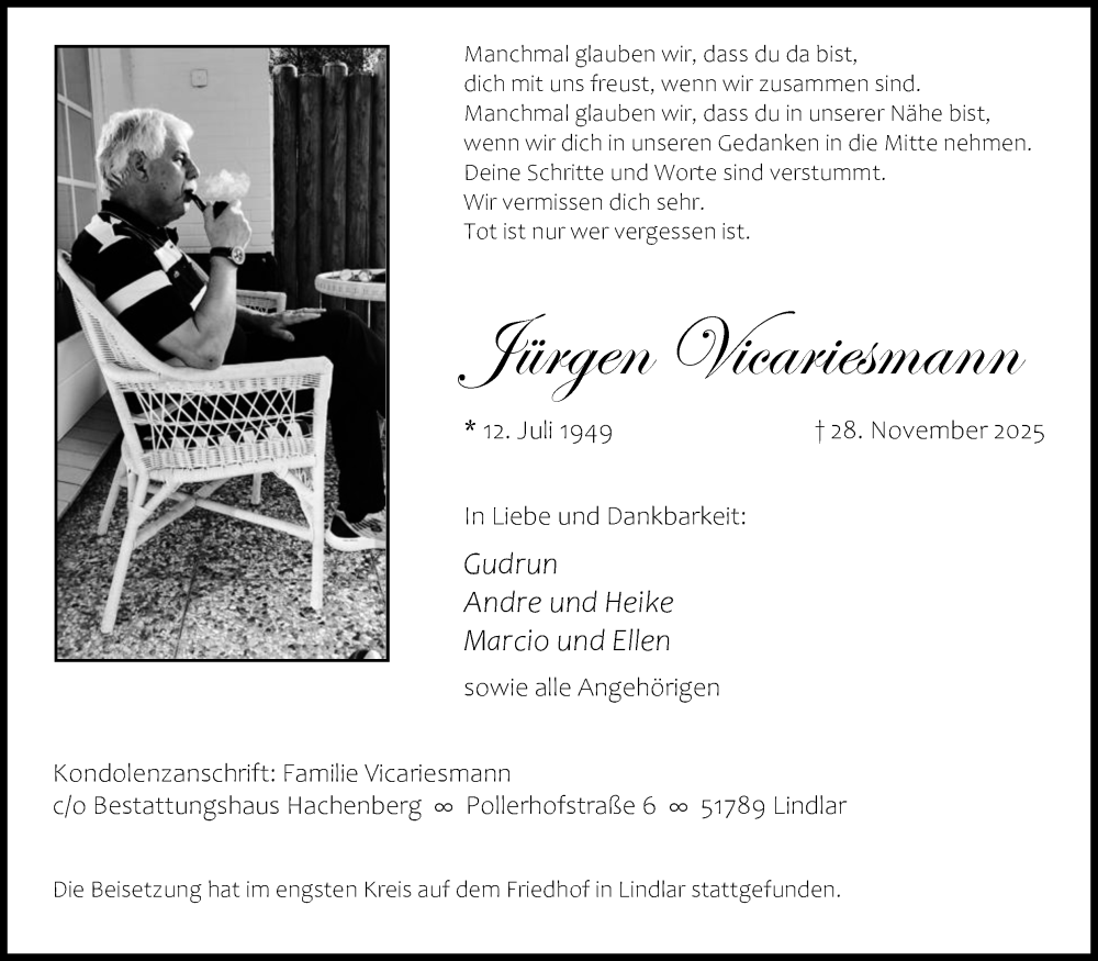  Traueranzeige für Jürgen Vicariesmann vom 20.12.2025 aus Kölner Stadt-Anzeiger / Kölnische Rundschau / Express