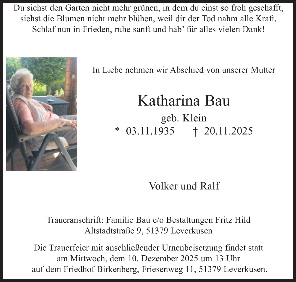  Traueranzeige für Katharina Bau vom 06.12.2025 aus Kölner Stadt-Anzeiger / Kölnische Rundschau / Express
