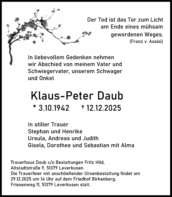 Anzeige von Klaus-Peter Daub von Kölner Stadt-Anzeiger / Kölnische Rundschau / Express