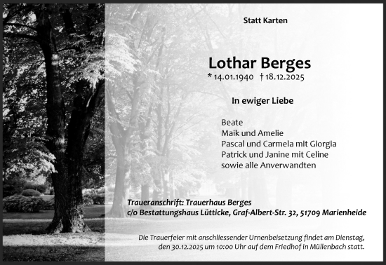 Anzeige von Lothar Berges von Kölner Stadt-Anzeiger / Kölnische Rundschau / Express