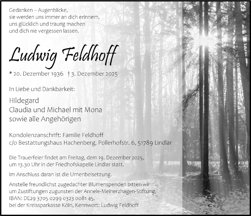  Traueranzeige für Ludwig Feldhoff vom 12.12.2025 aus  Anzeigen Echo 