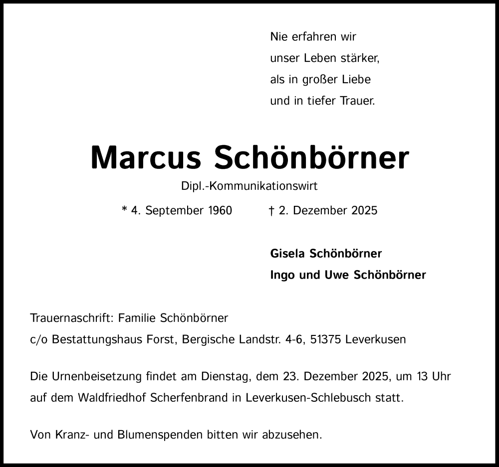  Traueranzeige für Marcus Schönbörner vom 20.12.2025 aus Kölner Stadt-Anzeiger / Kölnische Rundschau / Express