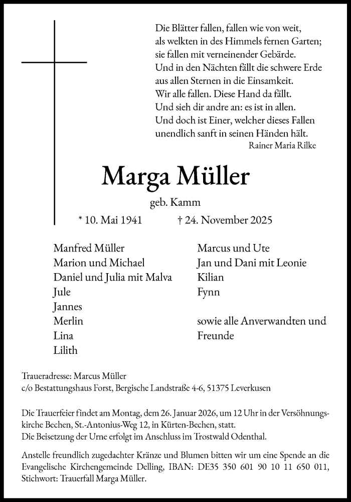  Traueranzeige für Marga Müller vom 20.12.2025 aus Kölner Stadt-Anzeiger / Kölnische Rundschau / Express