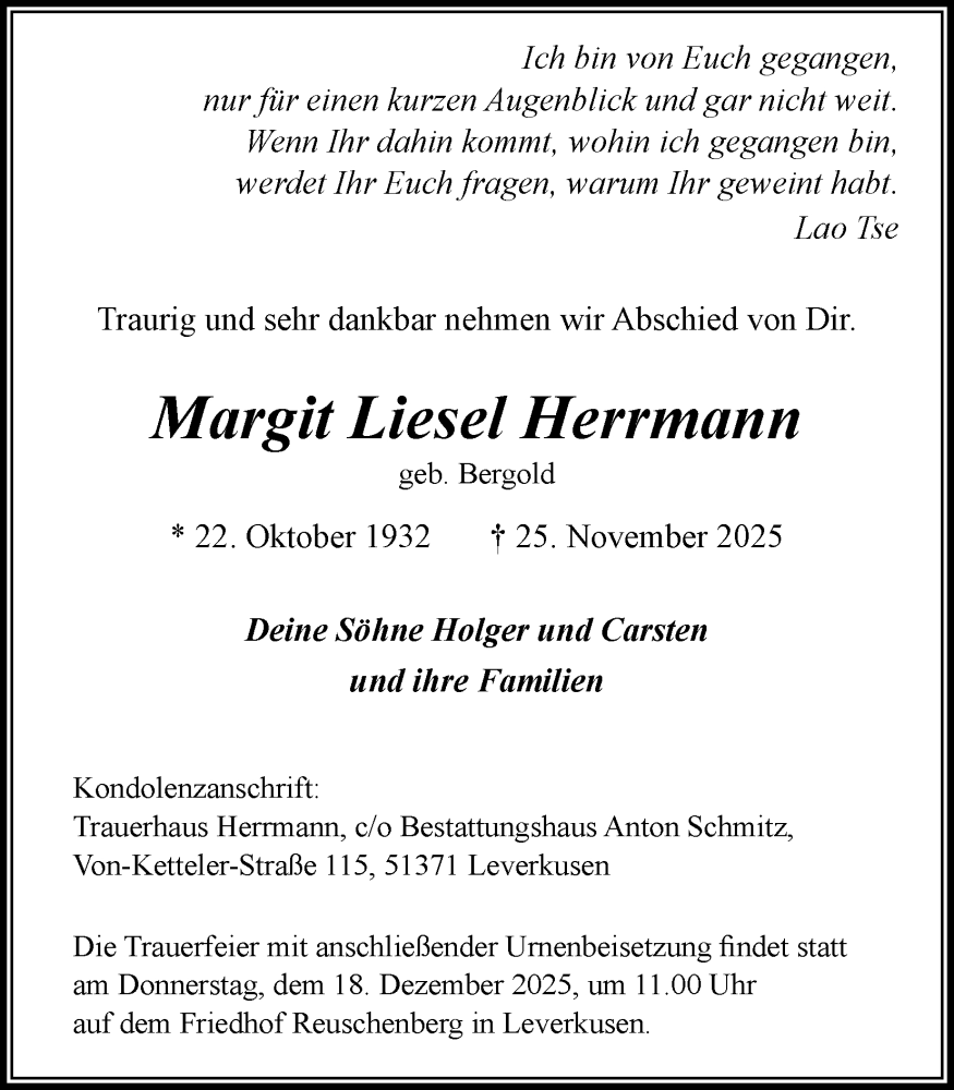  Traueranzeige für Margit Liesel Herrmann vom 06.12.2025 aus Kölner Stadt-Anzeiger / Kölnische Rundschau / Express