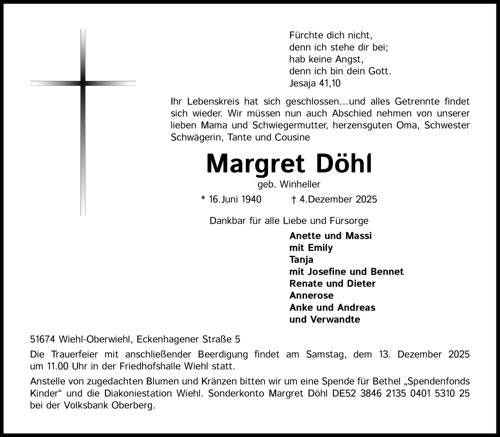  Traueranzeige für Margret Döhl vom 09.12.2025 aus Kölner Stadt-Anzeiger / Kölnische Rundschau / Express