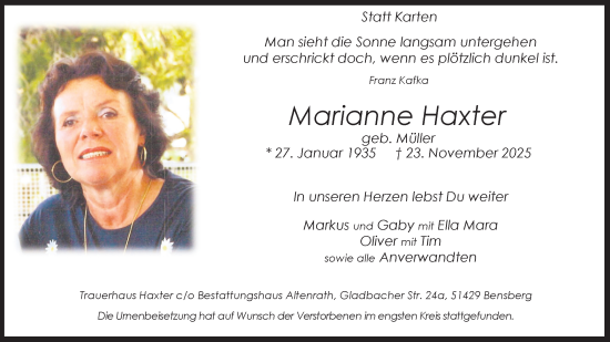 Anzeige von Marianne Haxter von Kölner Stadt-Anzeiger / Kölnische Rundschau / Express