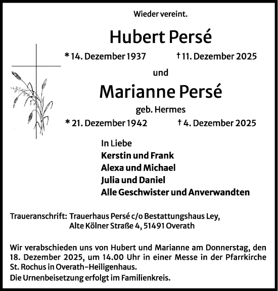 Anzeige von Marianne Persé von Kölner Stadt-Anzeiger / Kölnische Rundschau / Express