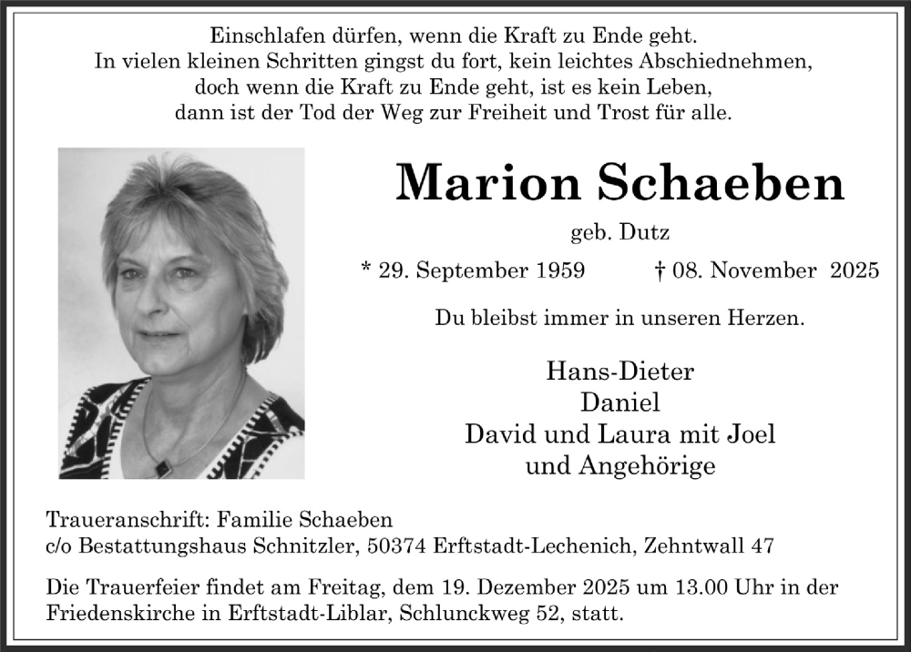  Traueranzeige für Marion Schaeben vom 05.12.2025 aus  Werbepost 