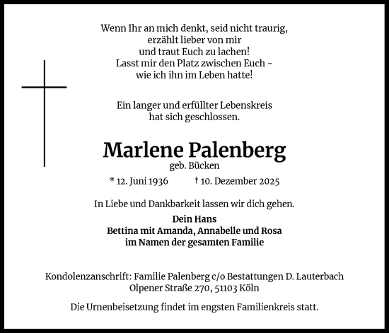 Anzeige von Marlene Palenberg von Kölner Stadt-Anzeiger / Kölnische Rundschau / Express