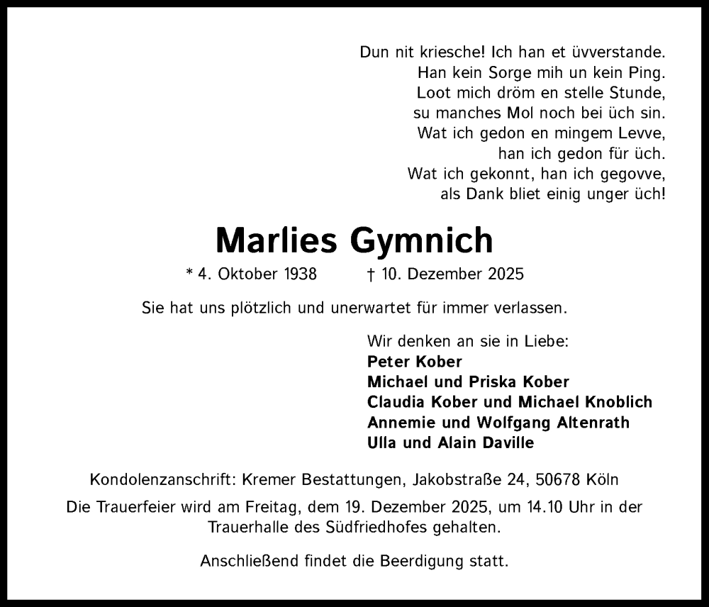  Traueranzeige für Marlies Gymnich vom 16.12.2025 aus Kölner Stadt-Anzeiger / Kölnische Rundschau / Express
