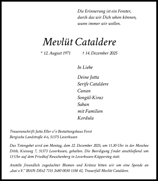Anzeige von Mevlüt Cataldere von Kölner Stadt-Anzeiger / Kölnische Rundschau / Express