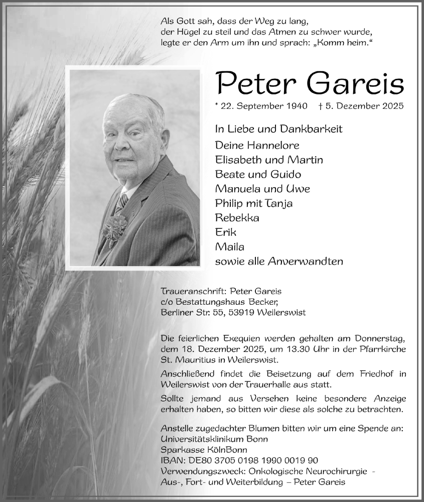  Traueranzeige für Peter Gareis vom 13.12.2025 aus  Schlossbote/Werbekurier 