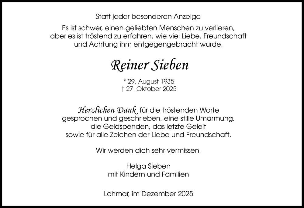  Traueranzeige für Reiner Sieben vom 06.12.2025 aus Kölner Stadt-Anzeiger / Kölnische Rundschau / Express