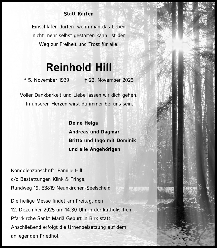  Traueranzeige für Reinhold Hill vom 06.12.2025 aus Kölner Stadt-Anzeiger / Kölnische Rundschau / Express