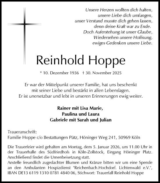 Anzeige von Reinhold Hoppe von Kölner Stadt-Anzeiger / Kölnische Rundschau / Express