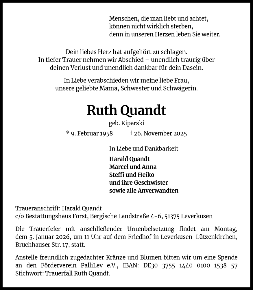  Traueranzeige für Ruth Quandt vom 27.12.2025 aus Kölner Stadt-Anzeiger / Kölnische Rundschau / Express