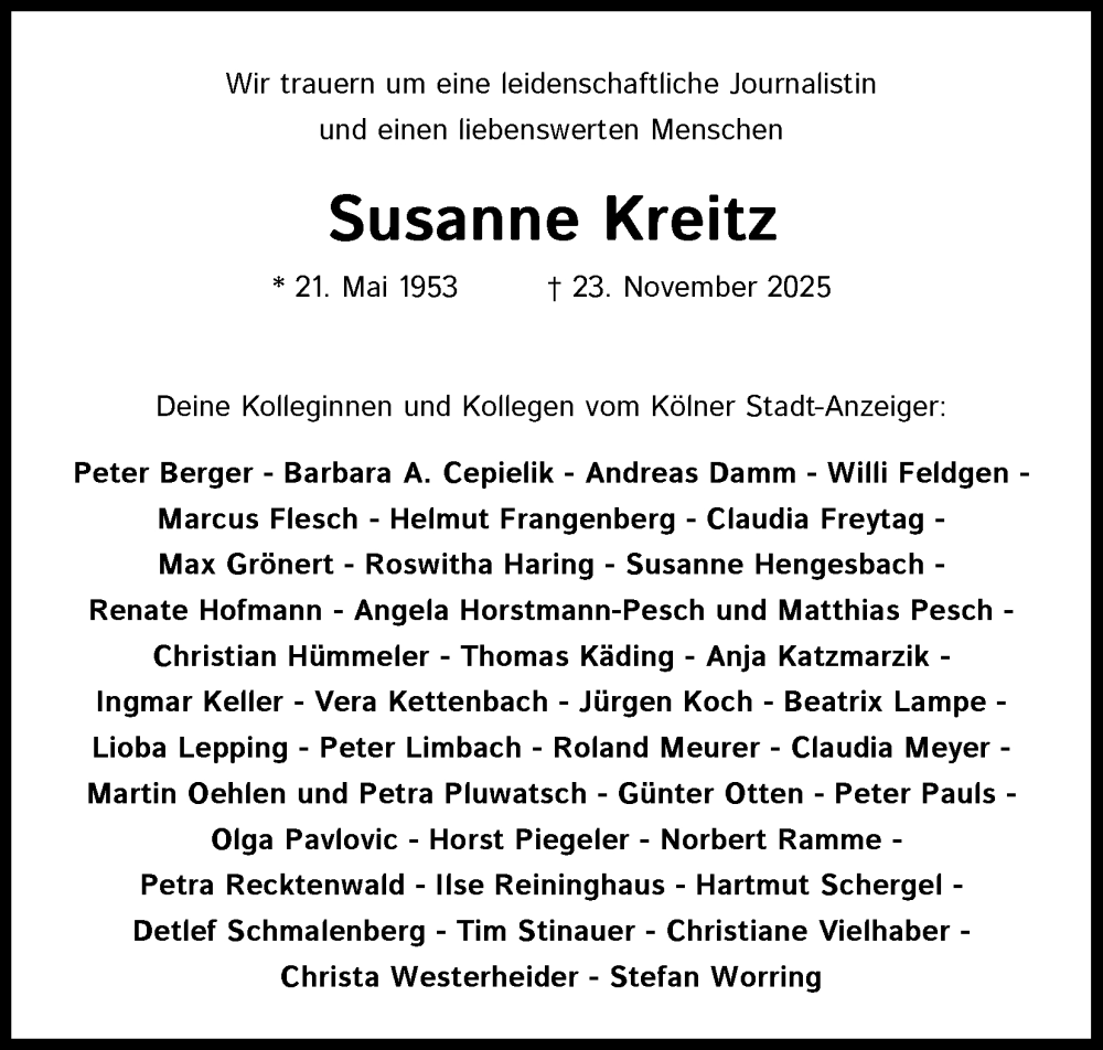  Traueranzeige für Susanne Kreitz vom 06.12.2025 aus Kölner Stadt-Anzeiger / Kölnische Rundschau / Express