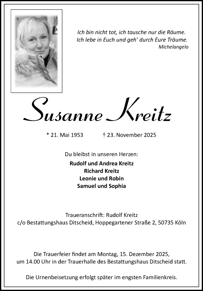 Traueranzeige für Susanne Kreitz vom 06.12.2025 aus Kölner Stadt-Anzeiger / Kölnische Rundschau / Express