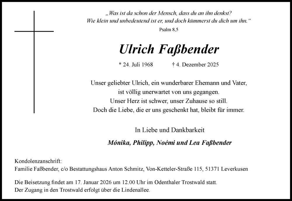  Traueranzeige für Ulrich Faßbender vom 20.12.2025 aus Kölner Stadt-Anzeiger / Kölnische Rundschau / Express