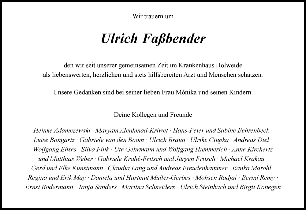  Traueranzeige für Ulrich Faßbender vom 20.12.2025 aus Kölner Stadt-Anzeiger / Kölnische Rundschau / Express