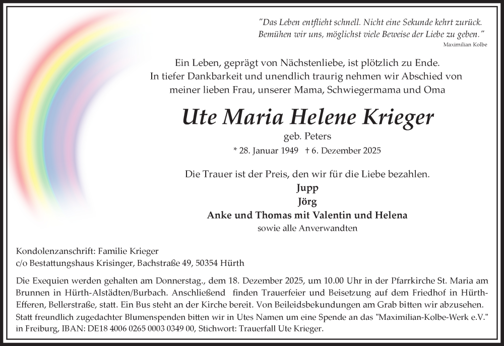  Traueranzeige für Ute Maria Helene Krieger vom 16.12.2025 aus Kölner Stadt-Anzeiger / Kölnische Rundschau / Express