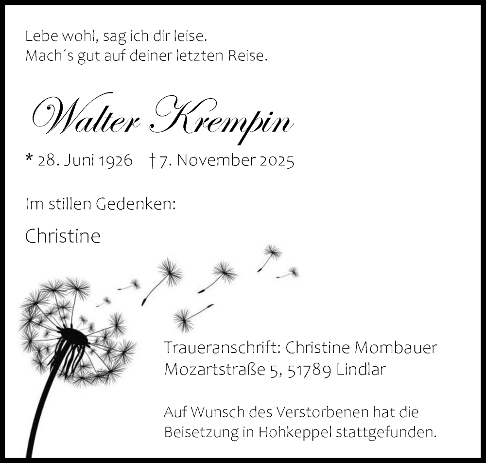  Traueranzeige für Walter Krempin vom 20.12.2025 aus Kölner Stadt-Anzeiger / Kölnische Rundschau / Express