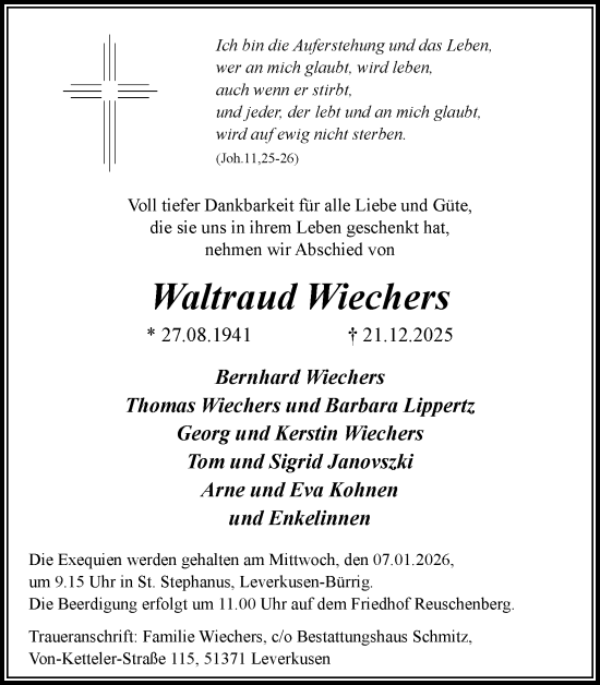 Anzeige von Waltraud Wiechers von Kölner Stadt-Anzeiger / Kölnische Rundschau / Express