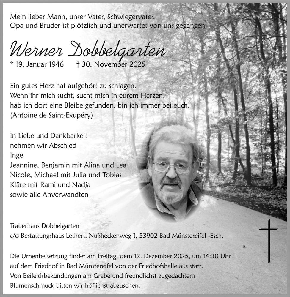  Traueranzeige für Werner Dobbelgarten vom 06.12.2025 aus  Blickpunkt Euskirchen 